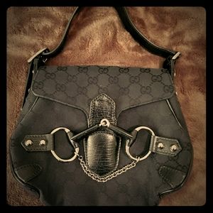 GUCCIBlack GG Canvas Horsebit Small Satchel Bag